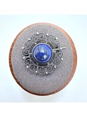 Lapis Lazuli Bezel Set Scroll Design Brooch Vintage Silver Tone Size 1" Length